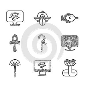 Set Crook, Eye of Horus on monitor, Snake, Cross ankh, Egyptian fan, Butterfly fish and icon. Vector