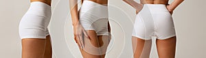 Set of cropped images of sportive female buttocks in cotton white shorts isolated over gray background. Anti-cellulite