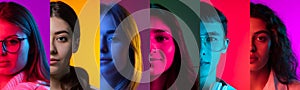 Set of cropped portraits of group of people on multicolored background in neon light, collage.