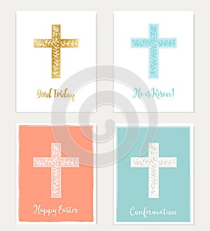 Set of Cross and Flowers Christian Cards. Easter, Good Friday, Confirmation. photo