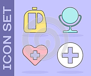 Set Cross hospital medical, Bottles for cleaning agent, Heart with a cross and Round makeup mirror icon. Vector