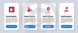 Set Cross hospital medical, Location, Wheelchair for disabled person and Blood test. Business infographic template