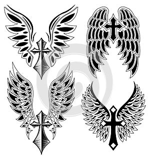 Set of cross and wings - tattoo - elements -vector