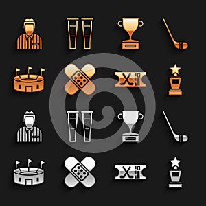 Set Crossed bandage plaster, Ice hockey stick, Award cup, Hockey sports ticket, stadium, judge, referee, arbiter and