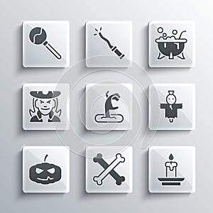 Set Crossed bones, Burning candle, Scarecrow, Zombie hand, Pumpkin, Witch, Lollipop and Halloween witch cauldron icon