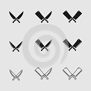 Set of Crossed Butcher Chef Meat Knives Knife Cleaver Logo Design Template photo