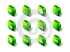 Set Crossed golf club, Golf ball, shoe, label, Award over sports winner podium and Glasses icon. Vector