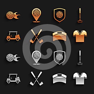 Set Crossed golf club, Golf, shirt, Sun visor cap, car, ball with shield, and Location sport icon. Vector