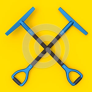 Set of crossed hoe with wooden stick for planting flowers on yellow background.