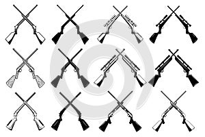 Set of crossed hunting rifles and guns. Design element for logo, label, sign. badge.