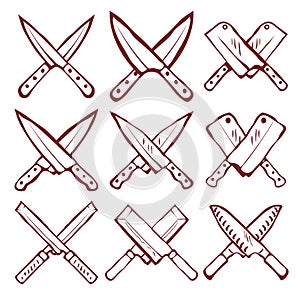 Set of crossed kitchen knives vector