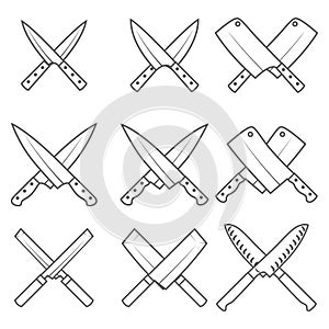 Set of crossed kitchen knives vector