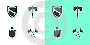 Set Crossed medieval flag, Shield, Medieval and axe icon. Vector