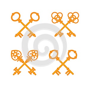 Set of crossed old vintage golden keys. Vector flat illustration.