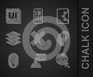 Set Crossed ruler and pencil, Front end development, UI or UX design, Computer mouse, Layers, Web and icon. Vector