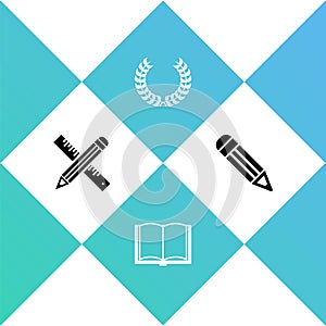 Set Crossed ruler and pencil, Open book, Laurel wreath and Pencil icon. Vector