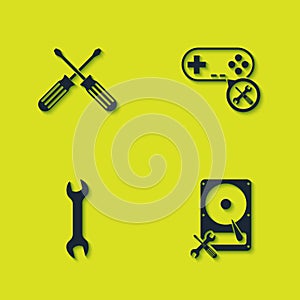 Set Crossed screwdrivers, Hard disk service, Wrench and Gamepad icon. Vector