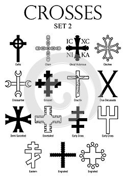 Set of crosses with names on white background. Size A4