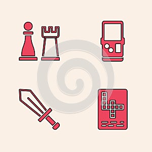 Set Crossword, Chess, Tetris and Sword for game icon. Vector
