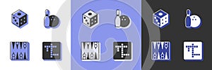 Set Crossword, Game dice, Backgammon board and Bowling pin and ball icon. Vector