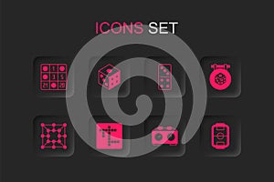 Set Crossword, Game dice, Bingo card, Time chess clock, Table football, Domino and Board game icon. Vector