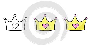 Set of crown illustrations for kids in cartoon and doodle style. Design for little princesses and princes.