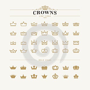 Un conjunto compuesto por corona línea a gordo iconos 