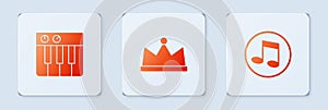 Set Crown, Music synthesizer and note, tone. White square button. Vector