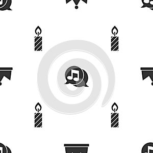 Set Crown, Musical note in speech bubble and Birthday cake candles on seamless pattern. Vector