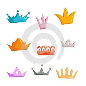A set of crowns of different colors. A collection of icons with a crown for winners, champions, leaders. Vector