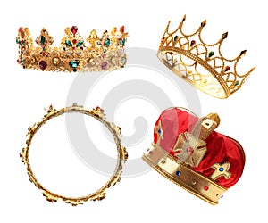 Set of crowns with gemstones on white background