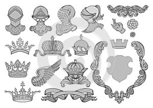 Set of crowns, knight, helmet, shield, coat of arms, ribbon,crawnset1zz