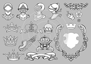 Set of crowns, knight, helmet, shield, coat of arms, ribbon,crawnset1zz