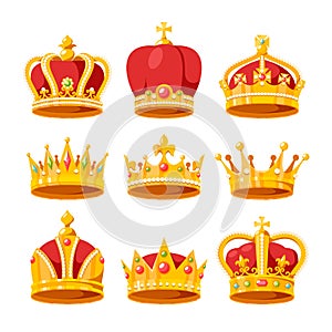 Set of Crowns, Royal Medieval Heraldic Vintage Heraldry Headwear for King or Queen Isolated on White Background