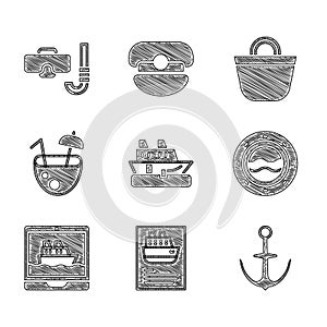 Set Cruise ship, Anchor, Ship porthole with seascape, Coconut cocktail, Beach bag and Diving mask and snorkel icon