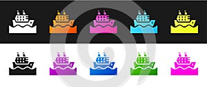 Set Cruise ship in ocean icon isolated on black and white background. Cruising the world. Vector