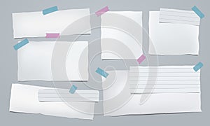 Set of crumple white note, notebook paper pieces with sticky tape stuck on dark grey background. Vector illustration