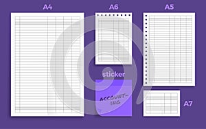 Set of crumpled four Standart blank acounting sheet series A format paper A4, A5, A6 and A7 size with note sticker