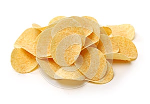 Set of crunchy golden potato chips as heap