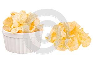 Set of crunchy golden puff corn flakes chips as heap and in ceramics bowl isolated on white background.