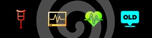 Set Crutch or crutches, Monitor with cardiogram, Heart rate and Nursing home icon. Vector