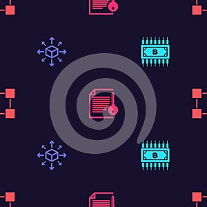 Set Cryptocurrency bitcoin with circuit, Distribution, Smart contract and Blockchain technology on seamless pattern. Vector