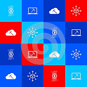 Set Cryptocurrency bitcoin in circuit, Mining with laptop and pickaxe, cloud mining and Distribution icon. Vector
