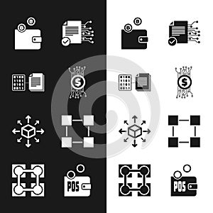 Set Cryptocurrency bitcoin in circuit, Smart contract, wallet, , Distribution and Blockchain technology icon. Vector