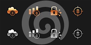 Set Cryptocurrency cloud mining, Pie chart infographic bitcoin, Lock with and Bitcoin the target icon. Vector