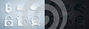 Set Cryptocurrency coin Bitcoin, cloud mining, Lock with bitcoin, Shopping basket, Mining farm and icon. Vector