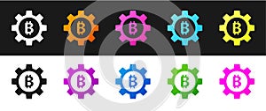 Set Cryptocurrency coin Bitcoin icon isolated on black and white background. Gear and Bitcoin setting. Blockchain based