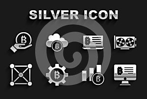 Set Cryptocurrency coin Bitcoin, Video graphic card, Mining bitcoin from monitor, Pie chart infographic, Blockchain