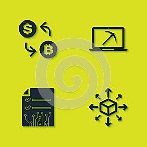 Set Cryptocurrency exchange, Distribution, Smart contract and Mining with laptop and pickaxe icon. Vector