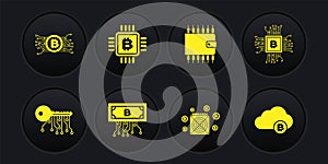Set Cryptocurrency key, CPU mining farm, bitcoin with circuit, ASIC Miner, wallet and icon. Vector